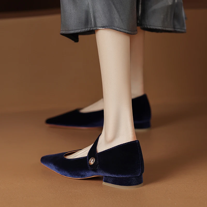 One Strap Ladies Veet Shoes Spring Autumn Low Heel Vintage Mary new Janes Pointed Toe Flat 2025 Shoes Woman French Style Women Flats