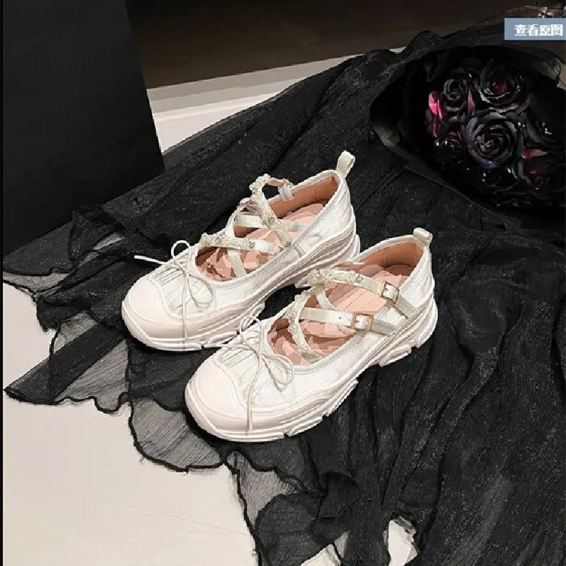 new Criss-cross Sanadals Bow Sandalias Low Tre 2025 Ballerina Women Shoes Round Toe Sneakers Beading Zapatos Mujer Thick Heels In Black