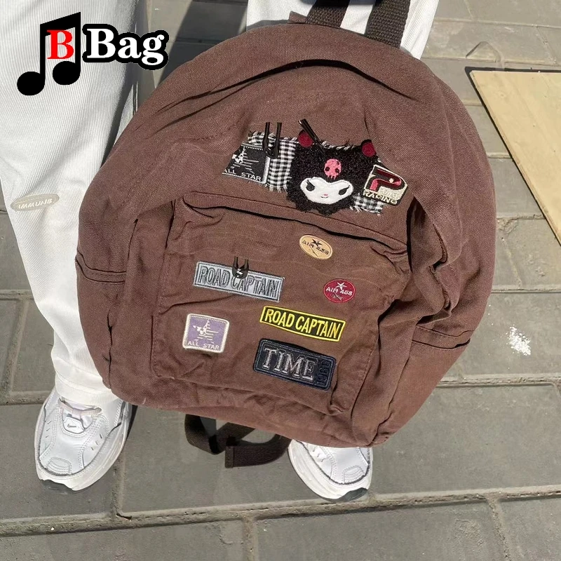 Brown Canvas new Backpack Women Gothic Punk 2025 Spicy Girl Vintage Bag Large Capacity Commuting Tote