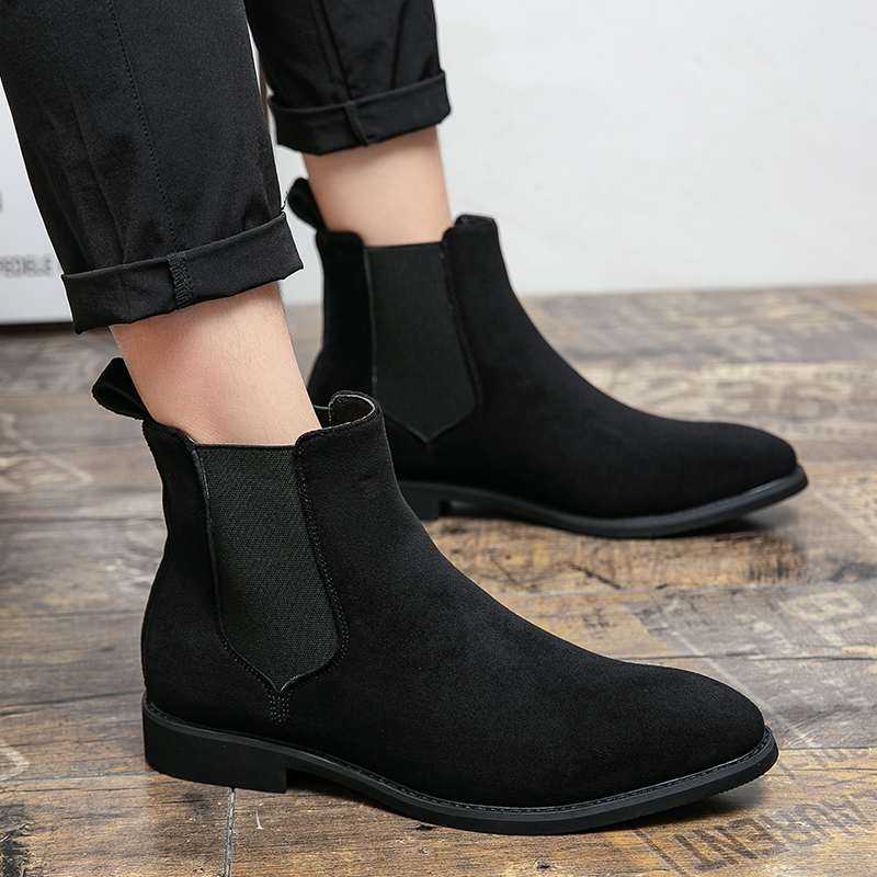 38~48 Mens Suede Leather Classic Red Black Designer Business Casual British Style Male Slip-On Fashion Ankle Boots 44b2