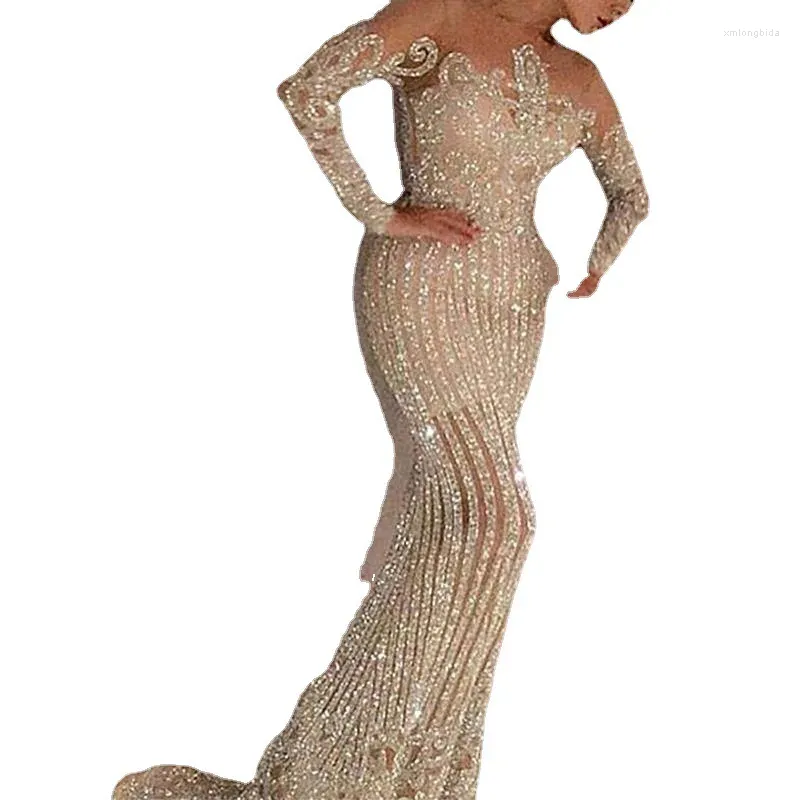 Basic Casual Dresses 2023 Woman Vintage Formal Dress Y O-Neck Sequins Gowns Hollow Long Sleeve Applique Elegant Mermaid Clubwear Eveni Dhocn