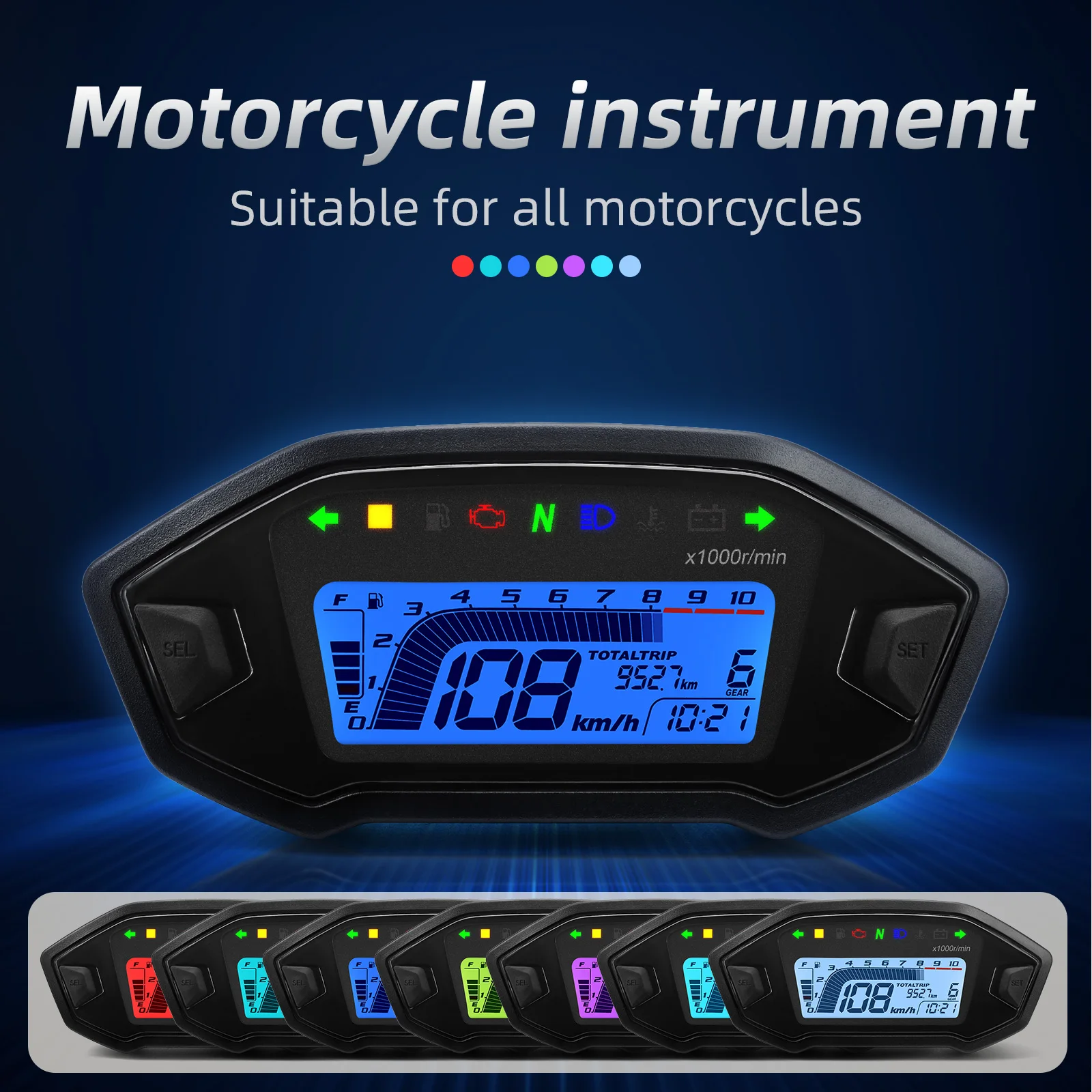 A New Universal Motorcycle LED Adjustable Speedometer 10000RPM 7 Colors Backlight Digital Odemeter Tachometer For 1,2,4 Cylinder