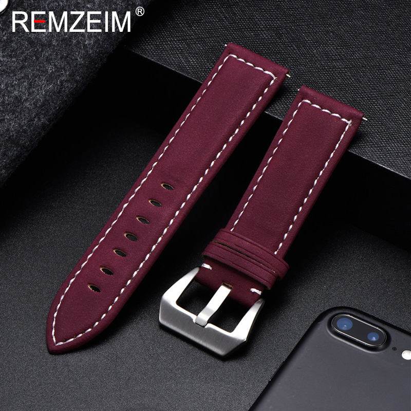 REMZEIM 18mm 20mm 22mm 24mm Matte Leather Watchband Men Women Strap Luxury Brand Red Blue Green Watch Band Accessories