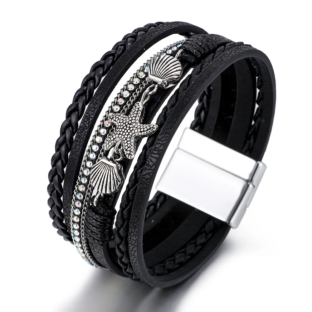 2023 New Multilayer Leather Bracelet for Women Summer Shell Starfish Accessories Bohemian Style Leather new 2025 Magnet Buckle Bracelet