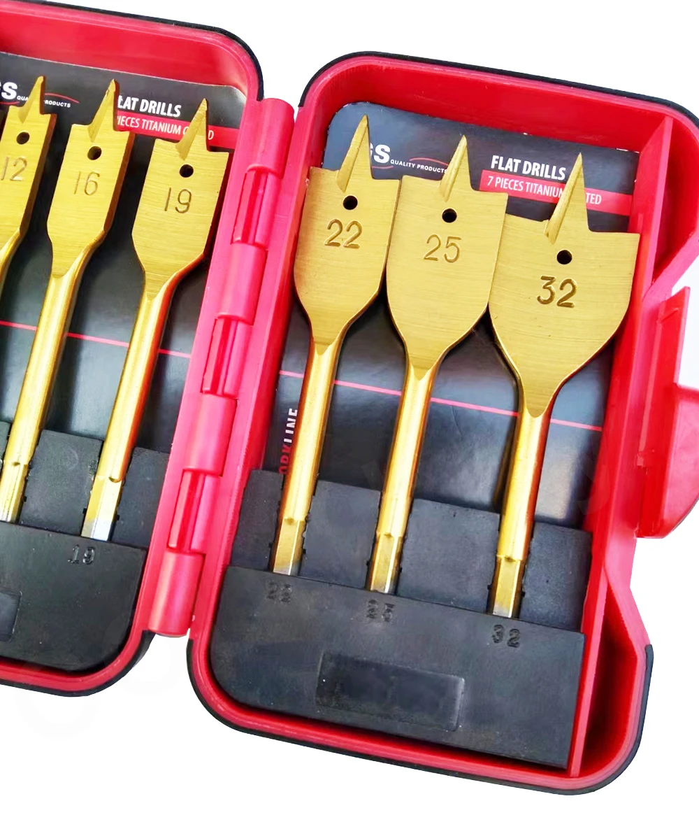 New packing 7pcs/ box Hex 2025 Shank Spade Bit Flat Boring Titanium Coating Bit Wood Flat Drill new Bit Set