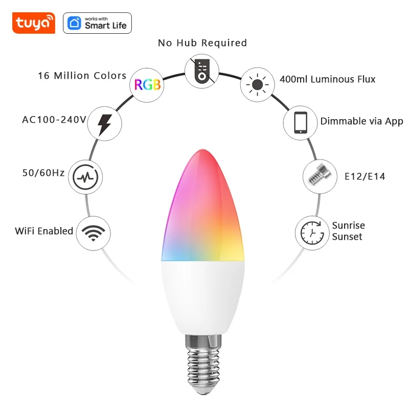 Tuya Smart Home WiFi LED Light Candle C37 Lamp E14 100-240V 5W WiFi Light Bulb Smart Light Bulb Work With Alexa Google Assistant