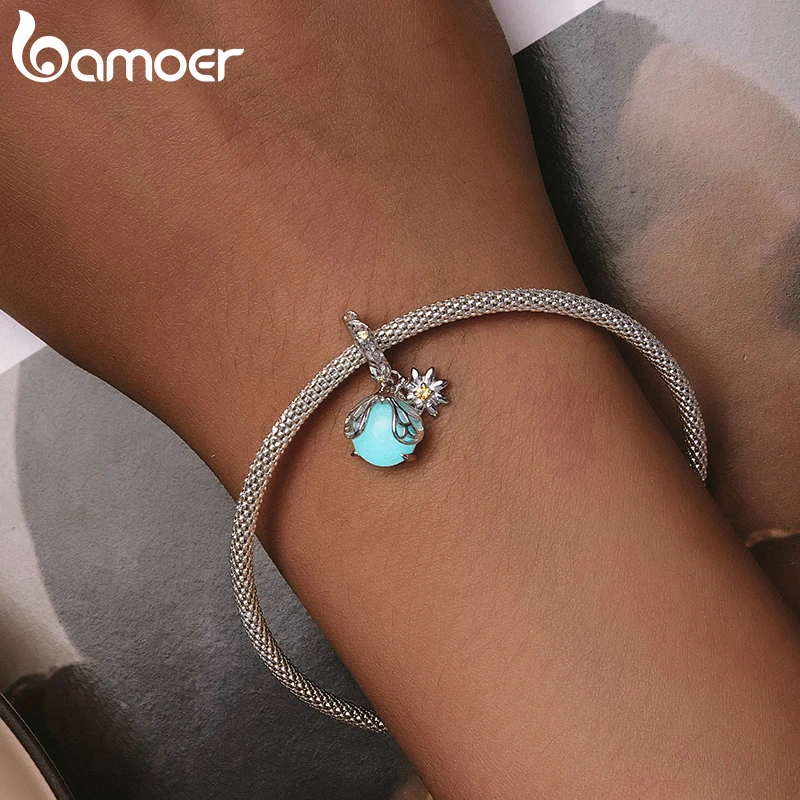 Bamoer 925 Sterling Silver Glow-in-the-dark Firefly Hanging Beads Luminous Insect Charms for Women Original Bracelet and Bangle