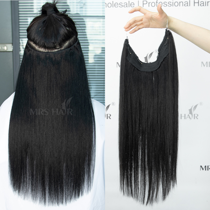 #1 Jet Black Fish Line Wire Hair Extensions Invisible Clip in Human Hair Extensions 4 Clips Real Natural Hair 12-24Inch