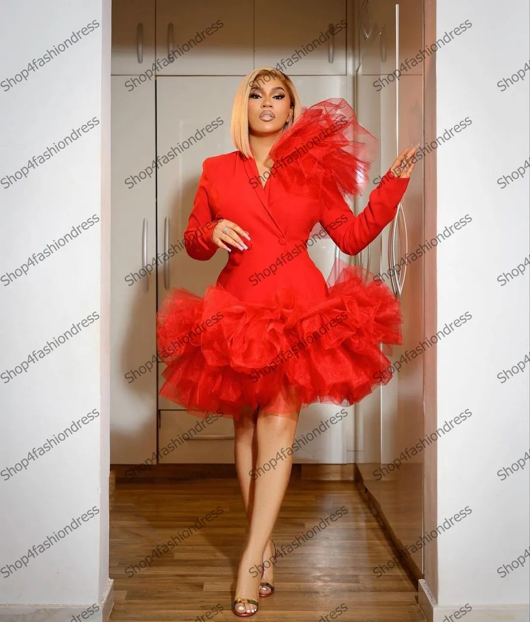 Pretty Red Mesh Prom Gowns Shoulder Flowers Short Aso Ebi Evening Party Dresses Elegant Full Sleeves Puffy Celebrity Dress