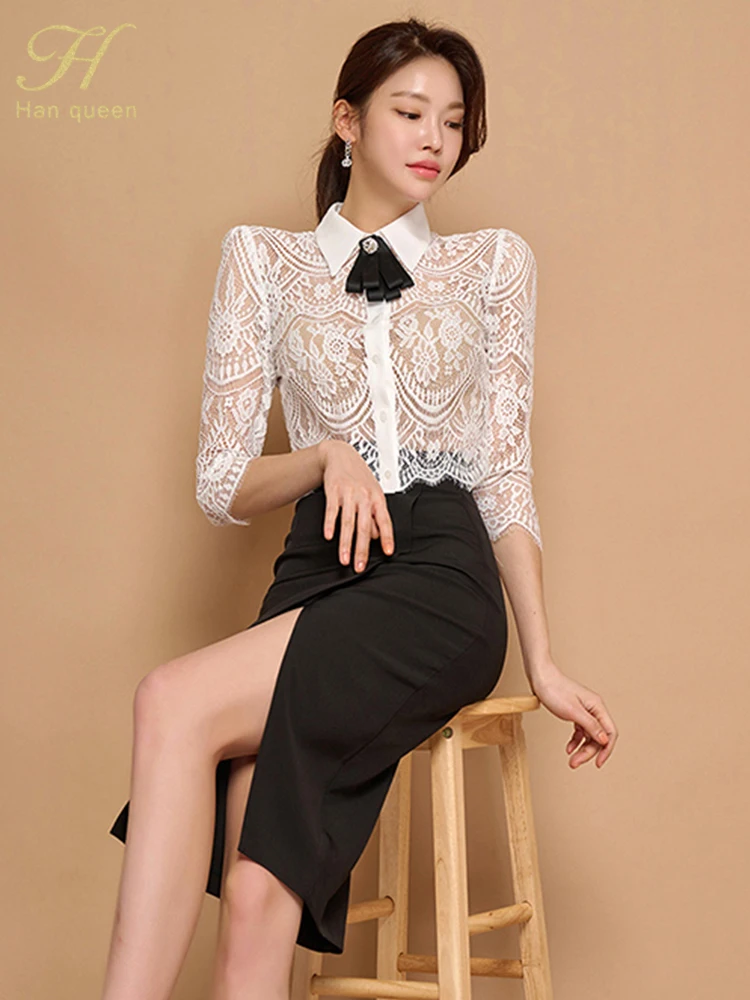 H Han Queen Elegant 2023 new Summer 2 Pieces Set 2025 Women Bow Lace Tops + High Waist Slit Pencil Skirts Casual Simple Office Skirt Suit
