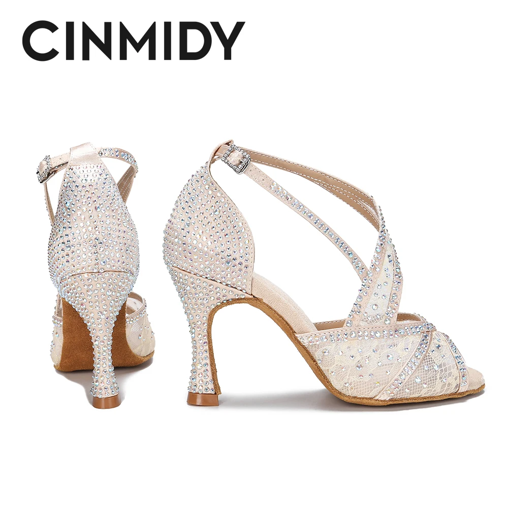 CINMIDY Red Sole Latin Dance Shoes For Women Tango Ballroom Dance Shoes Cuban Heel Rhinestone new Wedding Shoes 2025 Women's Sandals