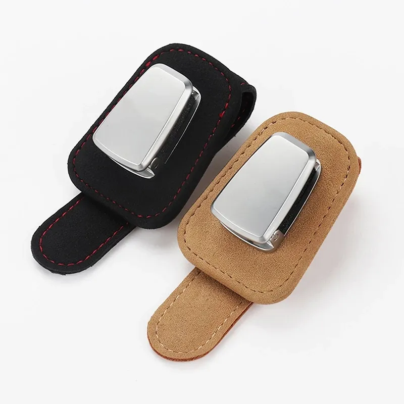Portable Car Glasses Cases Ticket Card Clamp Car Sun Visor Leather Metal Sunglasses Holder Luxury Auto Universal Accessories