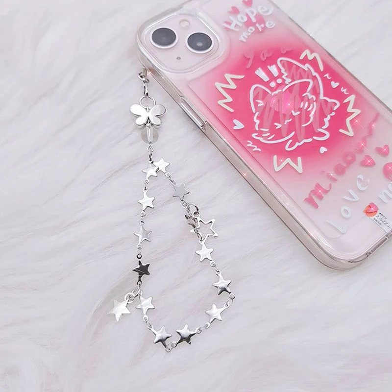 DIY Handmade Cute Alloy Phone Charms Women Pendant Kawaii Keychain Strap Lanyard With Star Bead Accessories