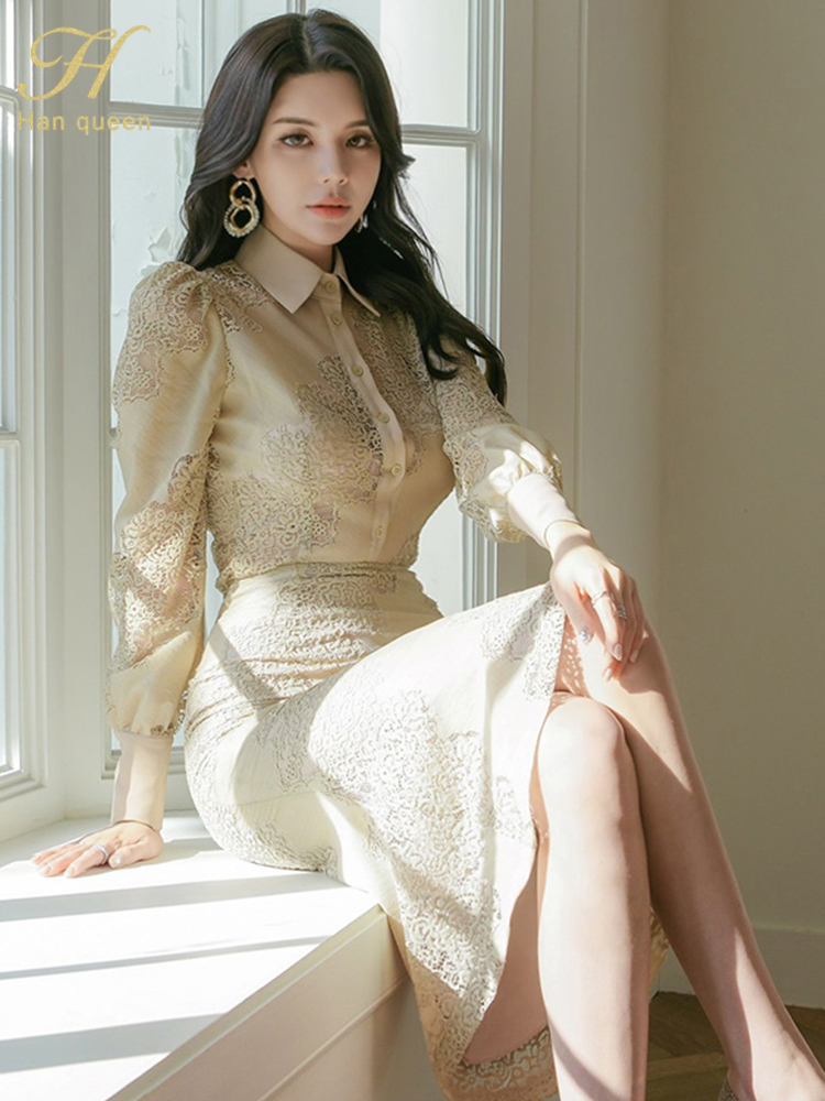 H Han new 2025 Queen Hot Sales Spring Lace Skirts Suits Women's Elegant Korean Long Sleeve Top + Pencil Mermaid Casual Party 2-Piece Set