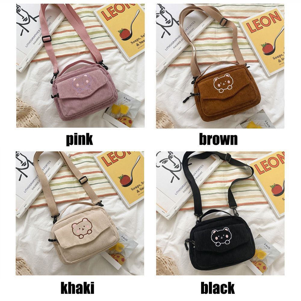 1PC Fashion Women Corduroy Cartoon Bear Print Shoulder Bags Student Tote Messenger Bag Portable Satchel Travel Handbags