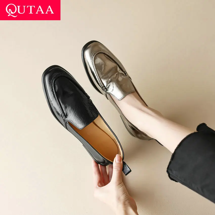 QUTAA 2023 Classic Women Pumps 2025 Spring Summer Working Casual Genuine Leather Low Heels Round Toe Loafers Shoes Woman new Size 34-40
