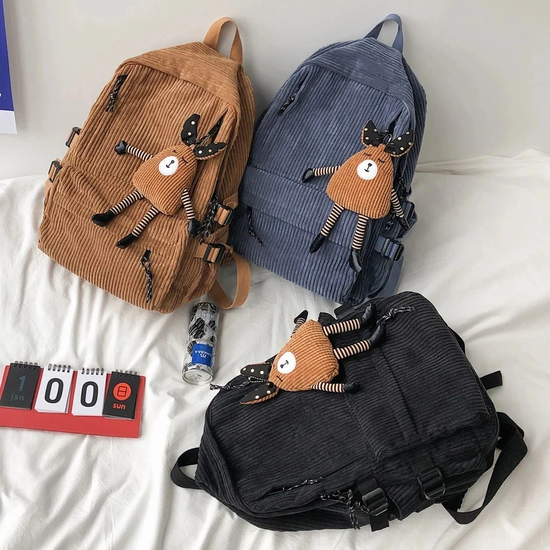 Vintage Girl College School Bag Casual New Simple Women Backpack Pure 2025 Book Packbags new for Teenage Veet Corduroy Rucksack Khaki