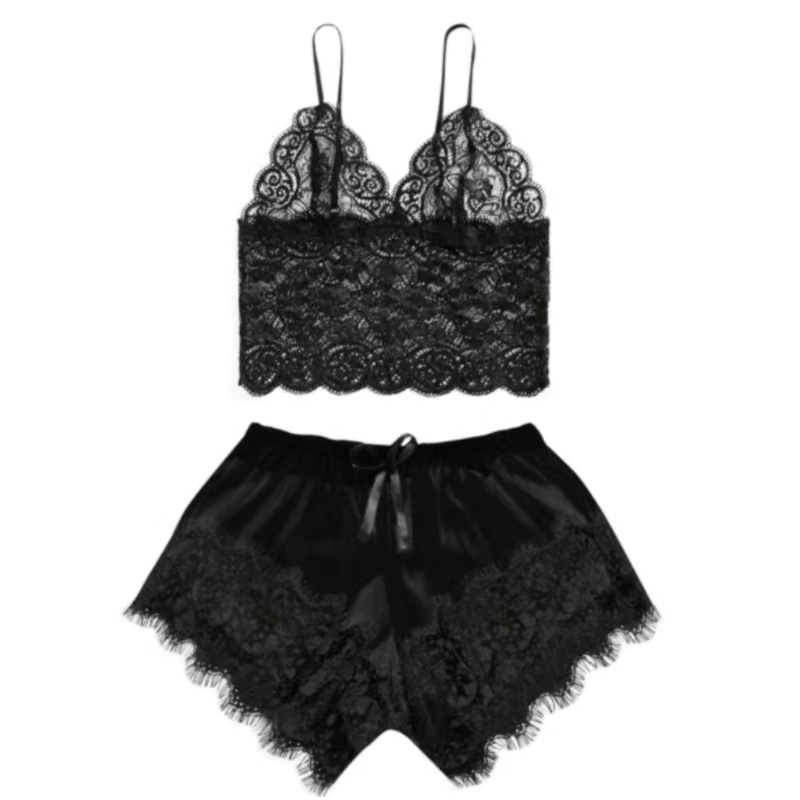 Women Lace Sexy Pajamas Nightclothes Black PINK L XL XXL V Neck Low Cut Lace Top And Ice Silky Shorts