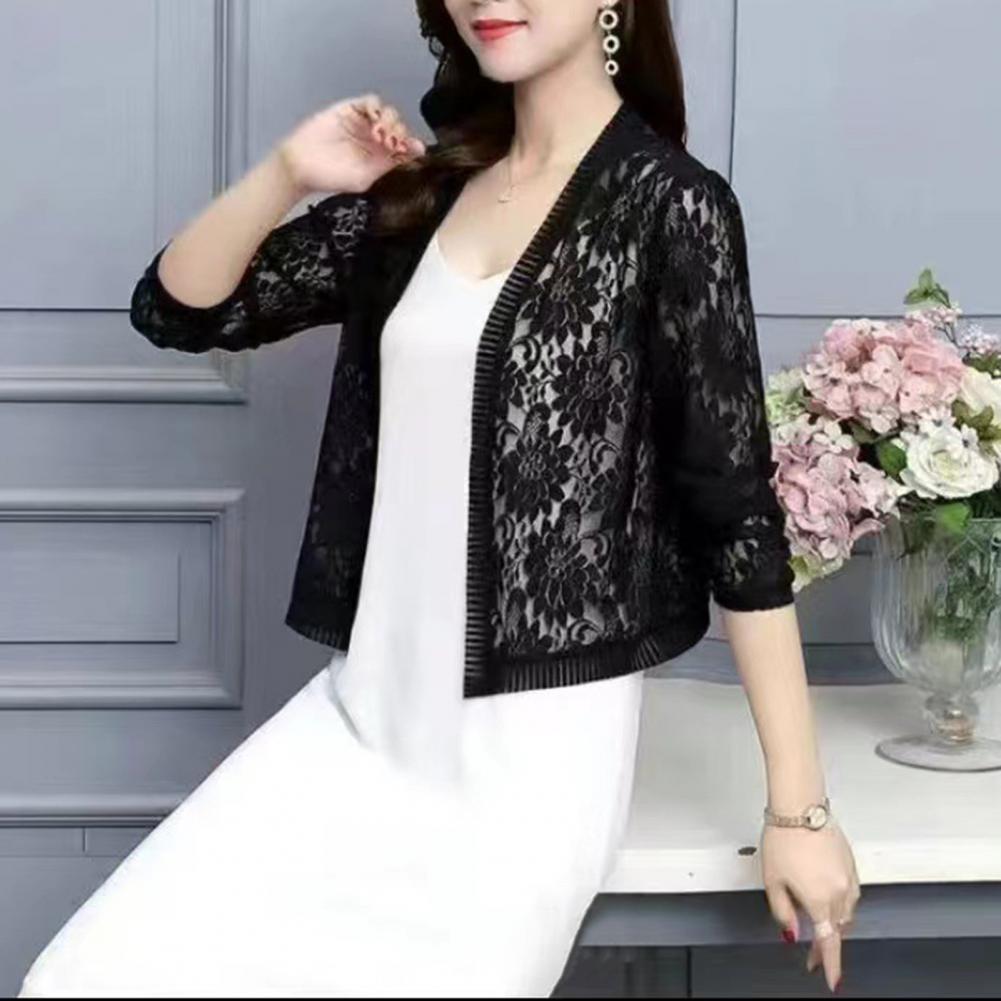 Women Floral Lace Cardigan Lightweight Women Summer Lace Cardigan Solid Color Sun-resistant Ladies Summer Short Top Cover Up