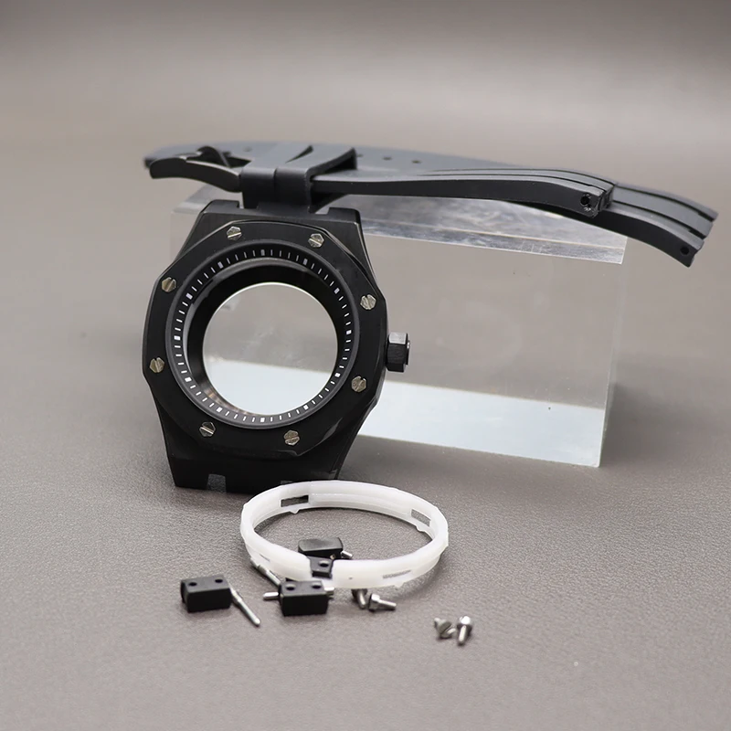 41mm Black Watch Cases Rubber Watchband Parts For Seiko nh34 nh35 nh36,38 Movement 28.5mm Dial Waterproof Sapphire Crystal Glass