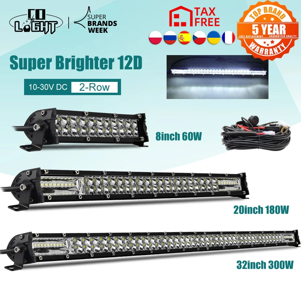 CO LIGHT Super Slim 12D 8" 20" 32" LED Light Bar Spot Flood 60W 180W 300W Led Bar 4x4 for ATV SUV Offroad LED Work Light 12V 24V