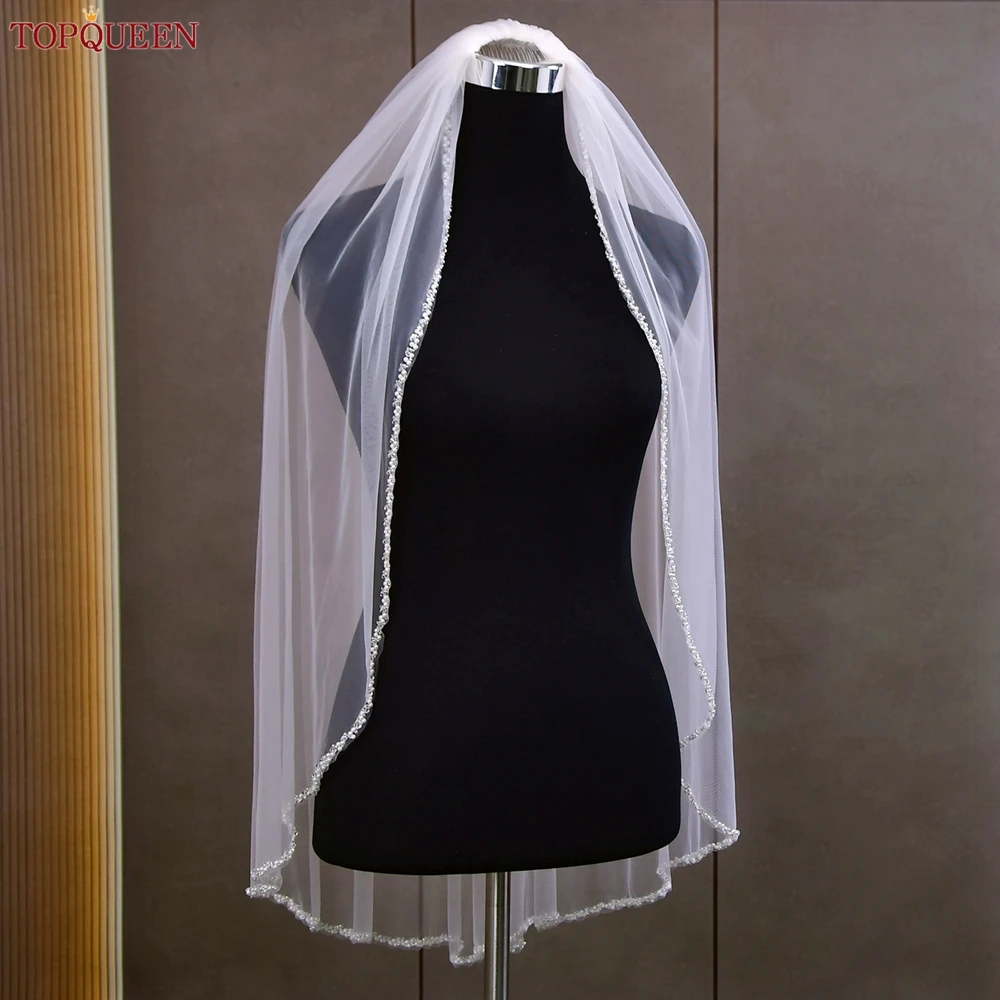 TOPQUEEN new V175 Crystal Edge Wedding 2025 Veils for Bride Bridal Veils with Rhinestones Cathedral 2023 1 Tier Wedding Hair Accessories