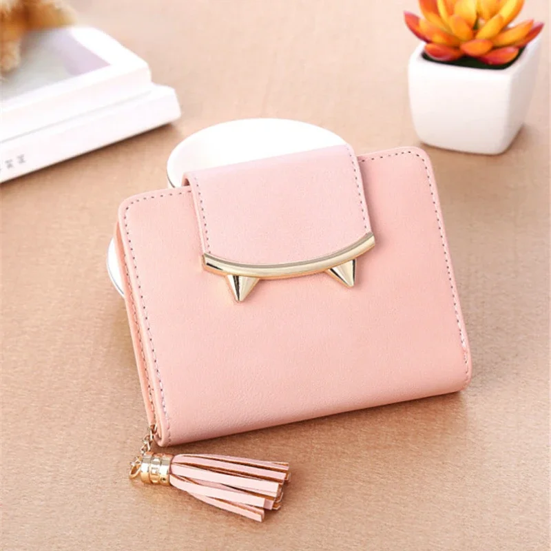 Female Purse Cute Cat Ears Leather Short Tassel Women Wallet Small Day Clutch Trifold ID Coin Card Holder Mini Bag 2023