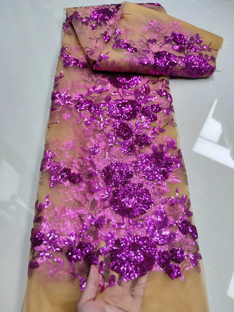 2024 High Quality African Lace Fabric French Net Sequins Fabric for Sewing Embroidered 2025 Lace Tulle Nigerian Lace new Fabric 5 Yards