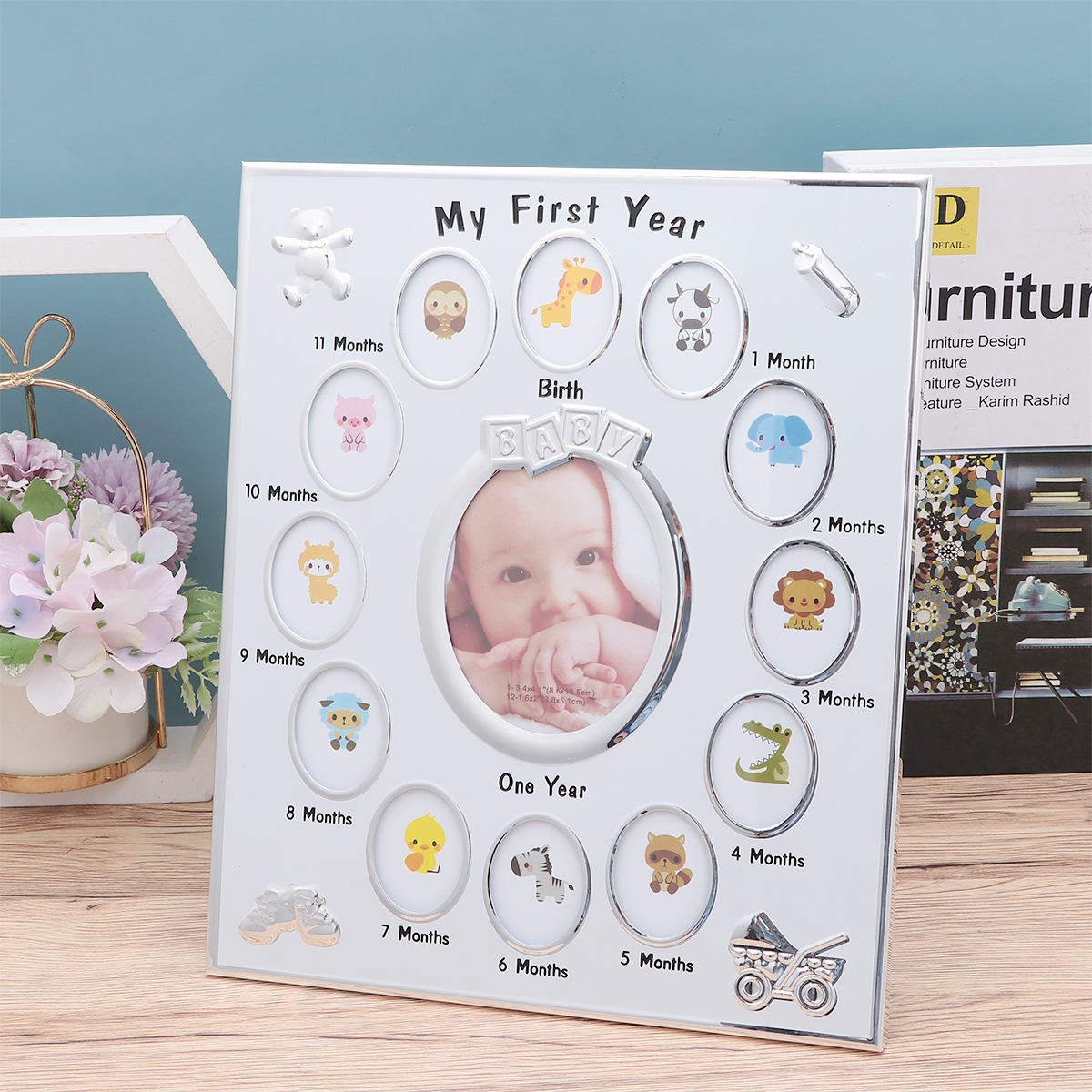 1Pc Baby 12 Months Photo Frame My First Year Baby Picture Frame Growth Record Photo Frame Infant Birthday Display Rack (White)