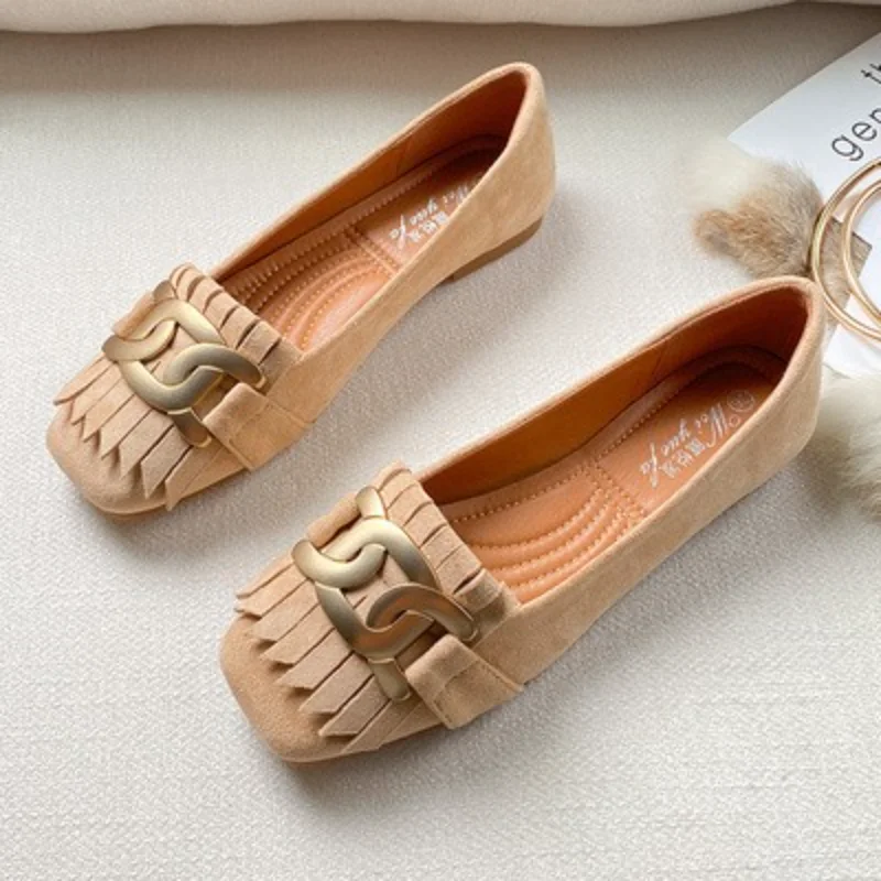 Flat Shoes Woman Retro Tassels Square Shallow Single Shoes for Women 2023 New Metal Buckle Flat Loafers Women Big Size 45 45 46