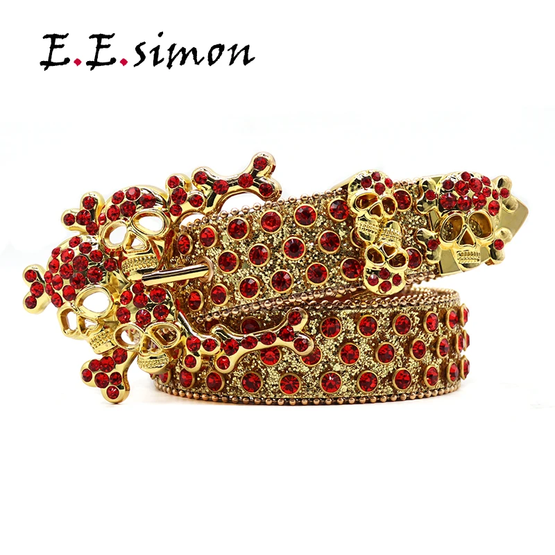 BIG Skull Belts Rhinestones Western Cowboy Cowgirl Sparkle Men Leather Studded Strap Famous Brand Designer Diamond Belt Women
