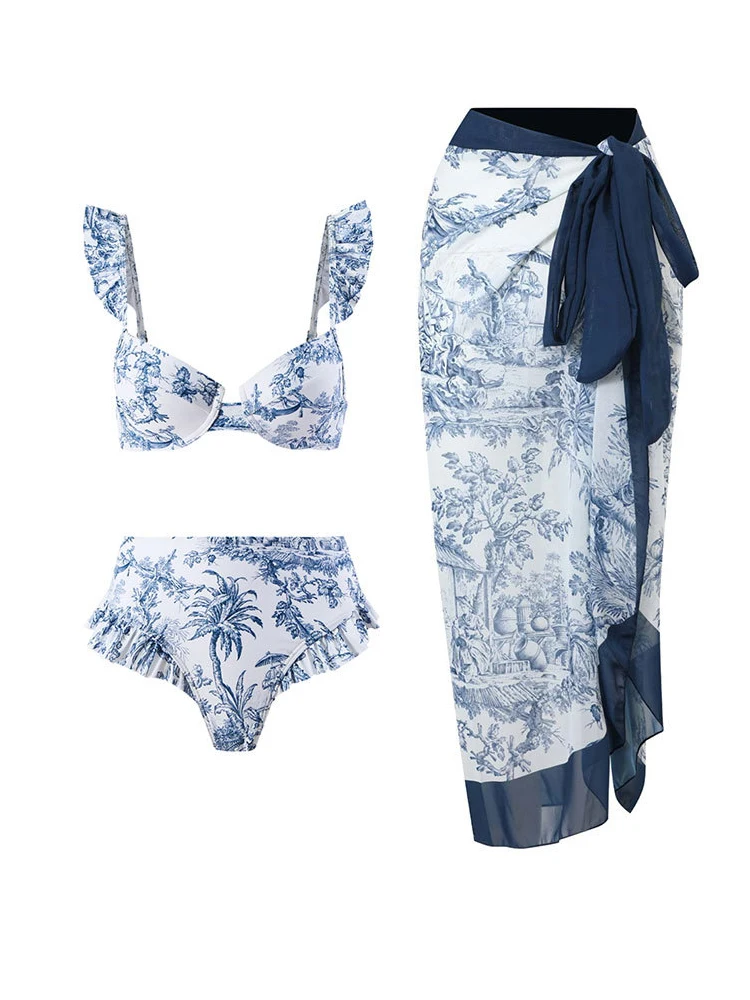 High Waisted Printed Bikini 2023 Women Two-piece Swimsuit Set Tummy Control Ruffle Edge Sexy Swimsuit for Surfing,Beach Vacation
