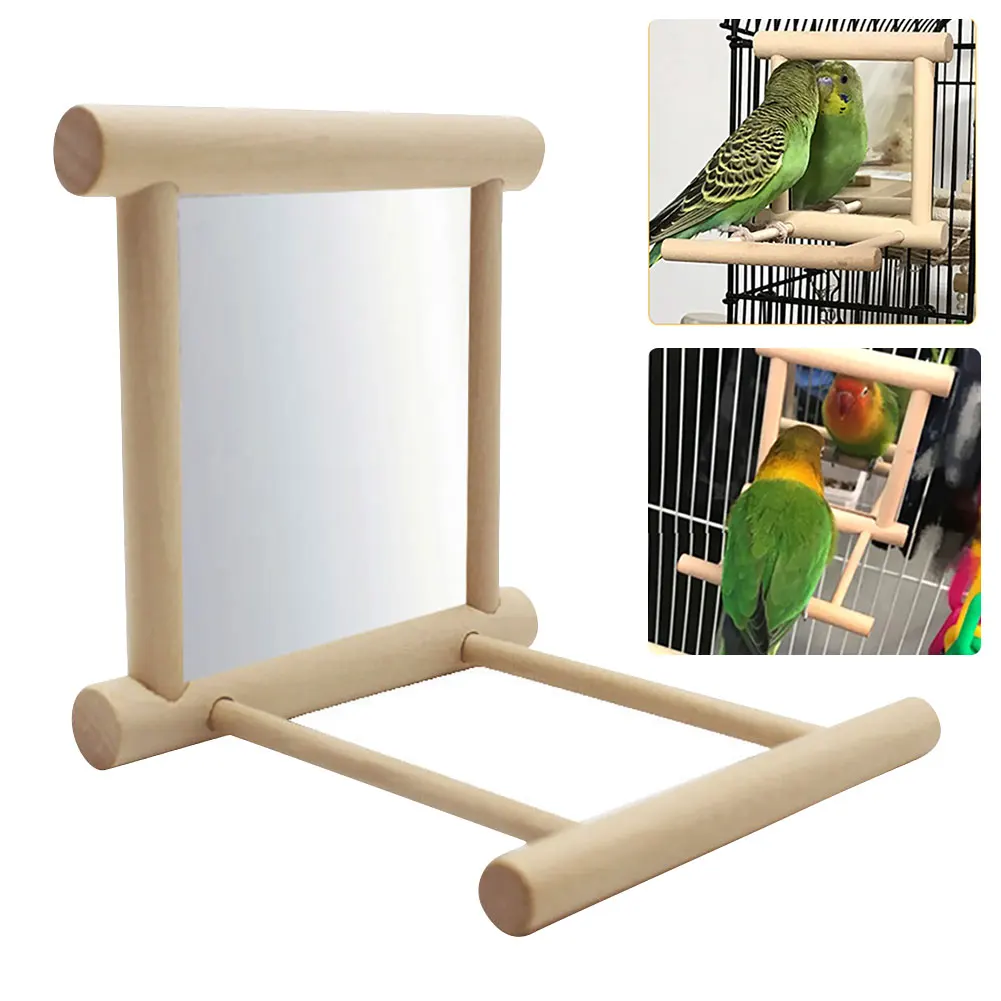 Parrots Mirror Wooden Playstand Bird Perches Playgym Paw Grinding Wood Standing Bar Rack for Parakeet Cockatiel Bird Supplies