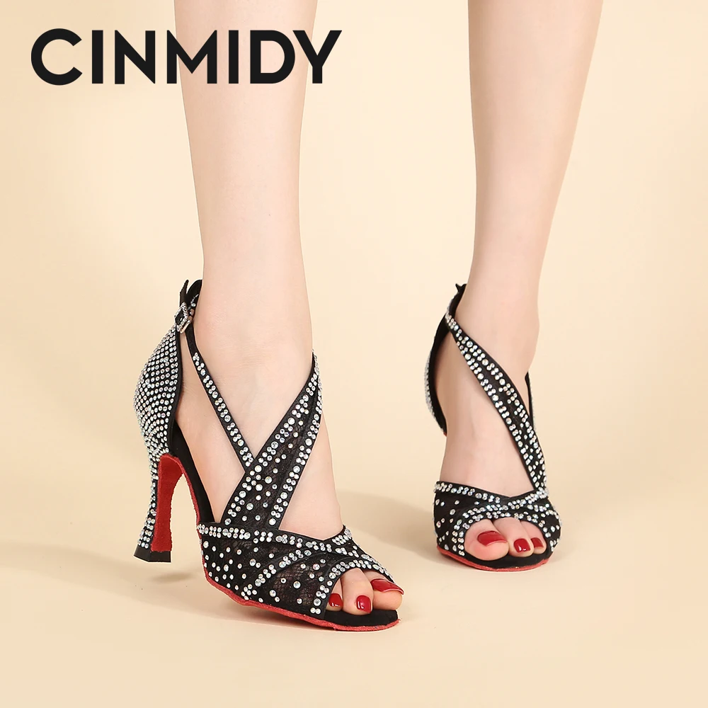 CINMIDY Red Sole Latin Dance Shoes For Women Tango Ballroom Dance Shoes Cuban Heel Rhinestone new Wedding Shoes 2025 Women's Sandals