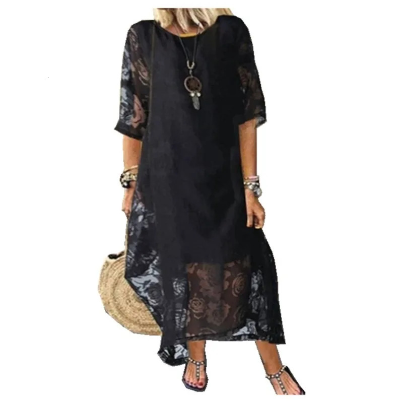 Womens Summer Round Neck Short Sleeve Lace Long Dress Vintage Handmade Hollow Flower Dress Lace Loose Casual Long Dress 240518