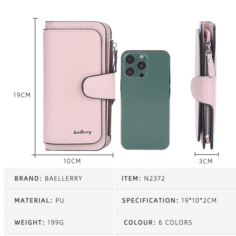 Baellerry Women Wallets Long Leather Multi Bits Card Holder Men Purse Pink Green PU Money Bag Zipper Phone Wallet for Women