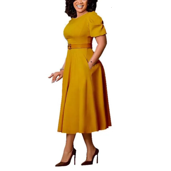 Elegant Office Dress for Women Professional O Neck Short Sleeve Belt Waisted A Line Mid Calf Formal Business Work Dress Midi 240518
