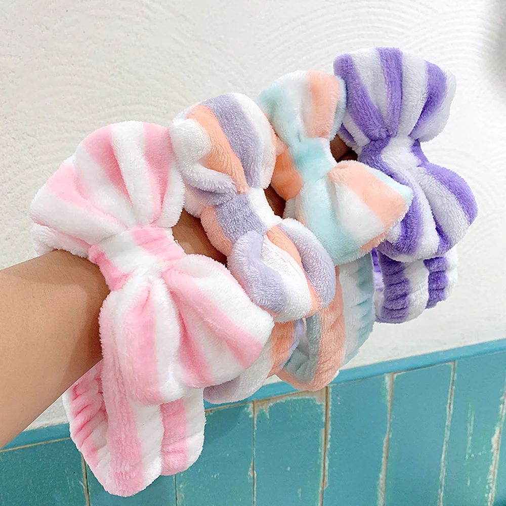 Cute Dot Striped Bowtie Hair Band Classic High Elastic Big new Soft Coral 2025 Fleece Makeup Headbands For Women Washing Face Shower Spa
