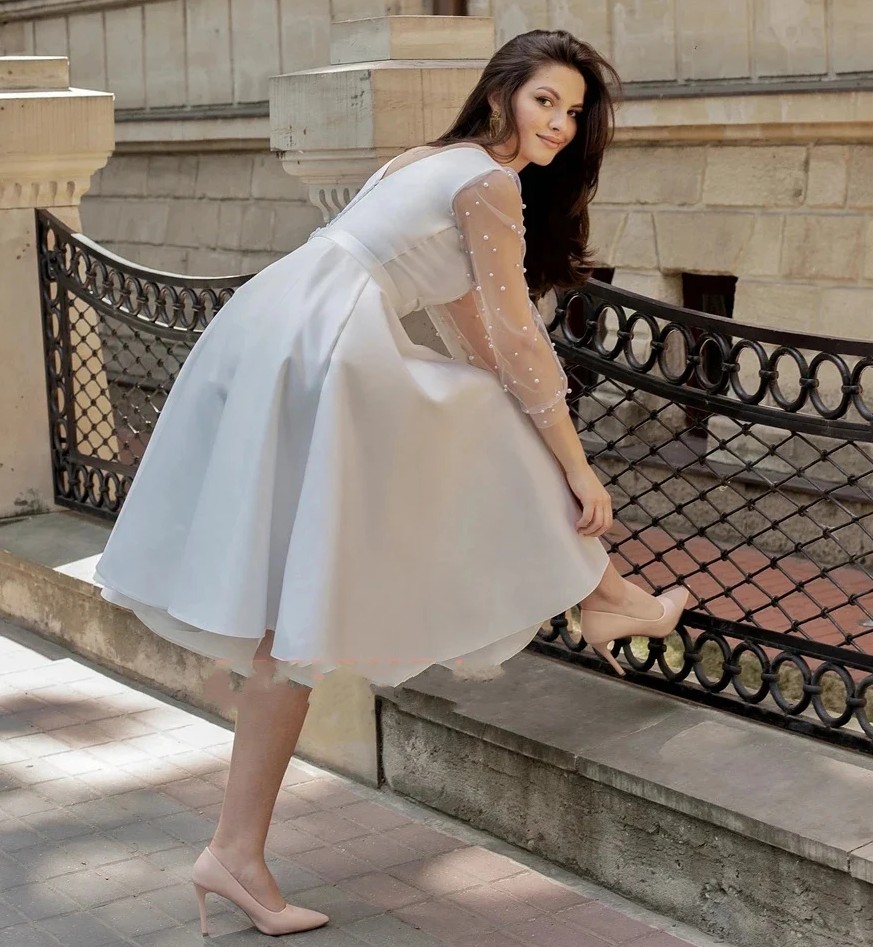 Beach A-line Short Wedding Dresses 2024 Scoop Pearl Long Sleeves Knee Length Satin Bridal Bride Gowns Vestido De Novia Customed