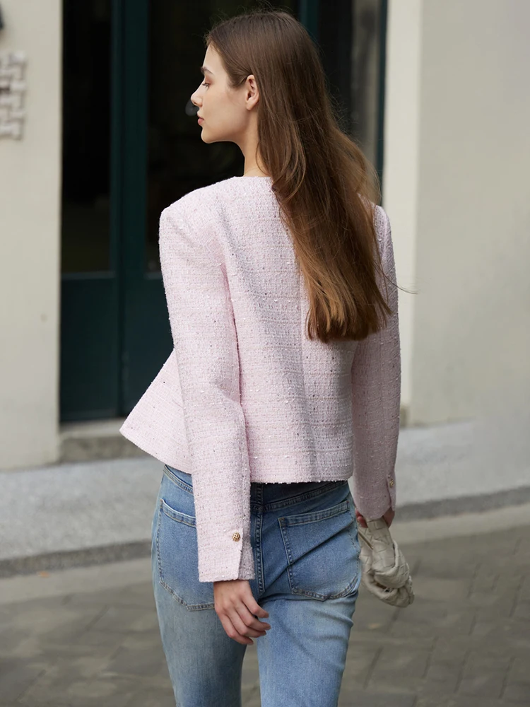 Amii Minimalist Jacket 2025 for new women 2023 Spring New Elegant Round Neck Straight Shoulder Light Tuxedo Short Coat Women 12321002