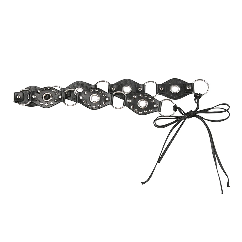 SUCHCUTE Lace Up Rivet Boho Vintage Black Belts for Women Round Eyelet Leather Y2K Style Accessories Grunge Waist Chain Belts