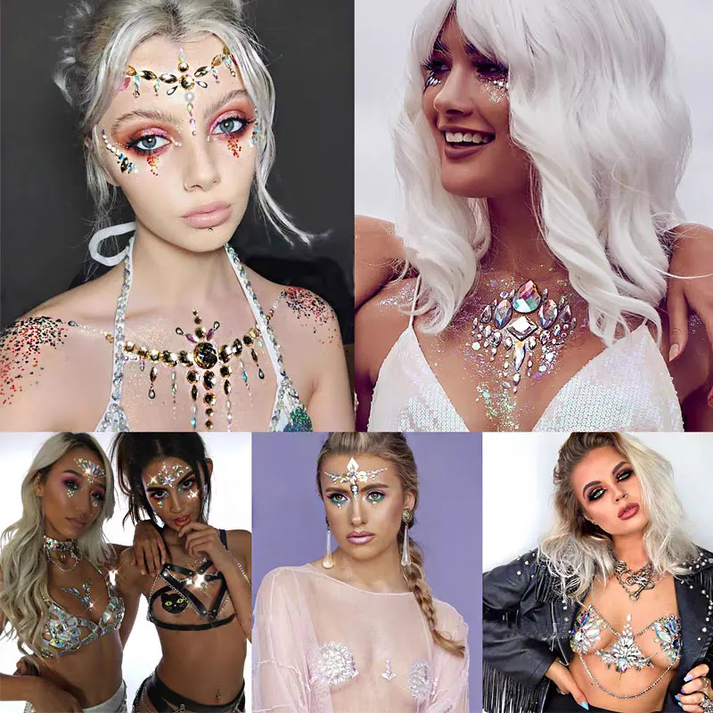 3D Crystal Face Chest Jewels Tattoo Sticker Music Festival Carnival Party Rhinestone Tattoo Halloween Horror Tattoos Decoration