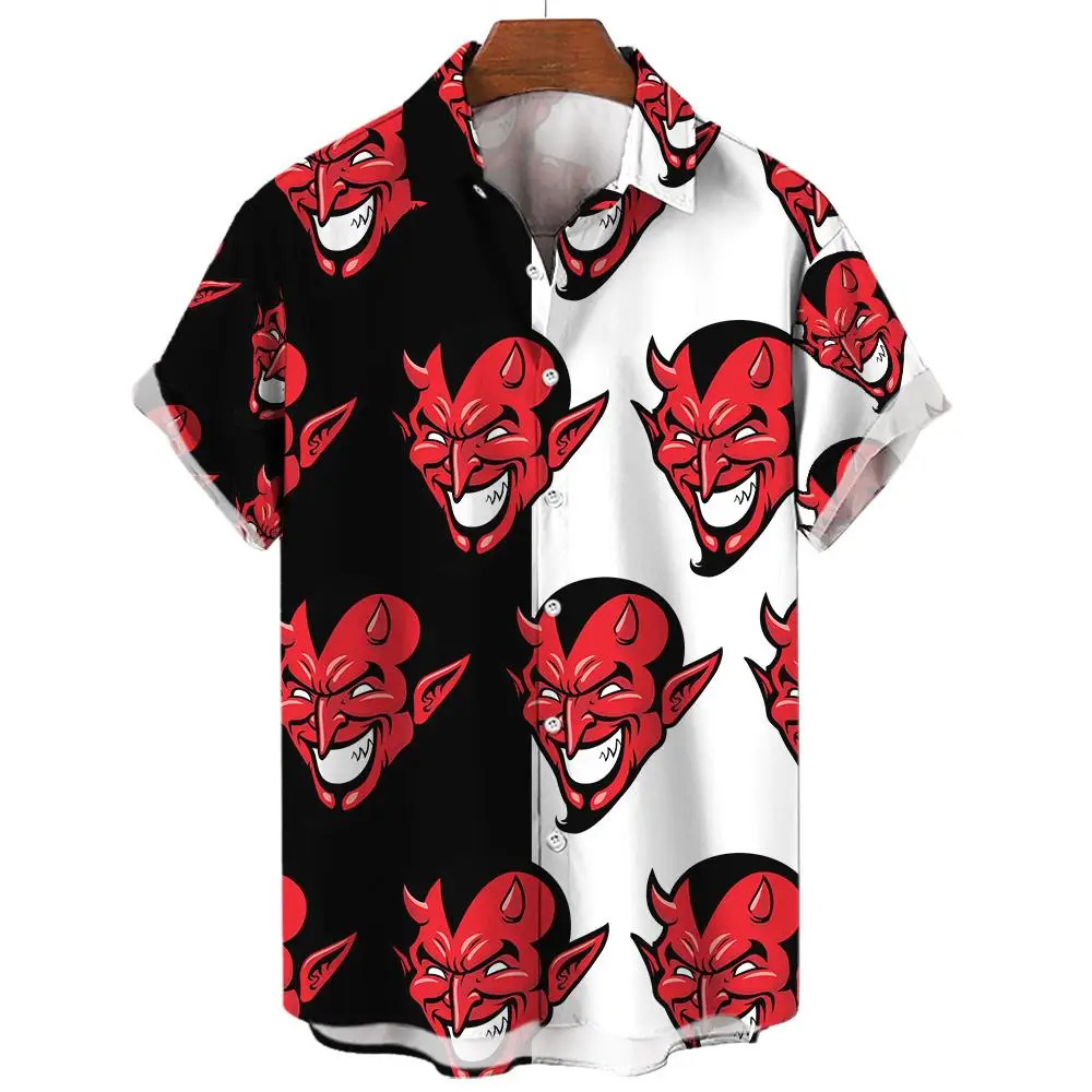 Devil Pattern Men's Shirts Oversized Shirt Loose Causal Double Patchwork Red new Imp Party Festival Camisas 2025 Original Men's Shirts