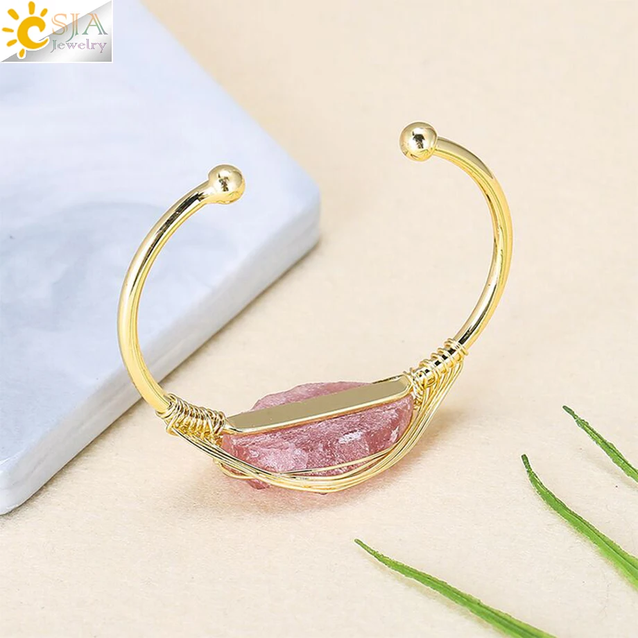 CSJA new Gem Stone Open Cuffs Bracelets Crystals Natural Stones 2025 Bangles Gold Color Wire Wrap Bracelet for Friend Bijoux Femme G866
