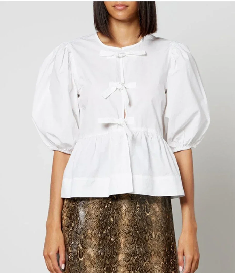 Women Shirt 2023 Spring and Summer New new Round Neck Tie 2025 Puff Sleeve Waist Solid Color Shirt