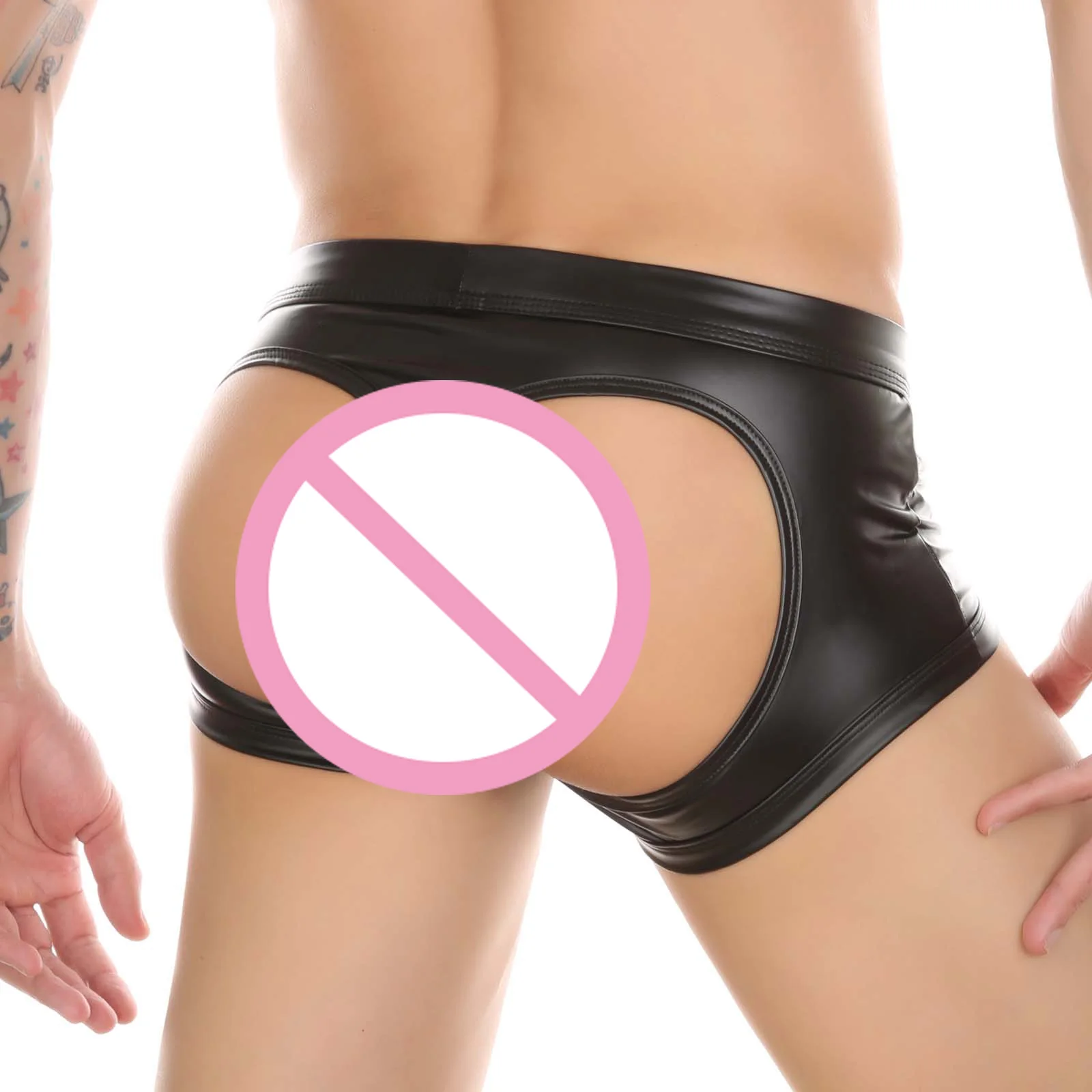 CLEVER-MENMODE Men's Boxers Faux Leather Underwear Wet Look Sexy Panties Open Butt G String Underpants Buttocks Boxershorts Club