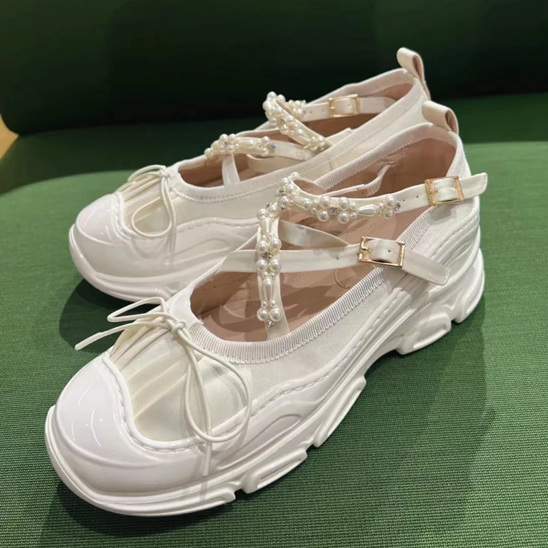 new Criss-cross Sanadals Bow Sandalias Low Tre 2025 Ballerina Women Shoes Round Toe Sneakers Beading Zapatos Mujer Thick Heels In Black