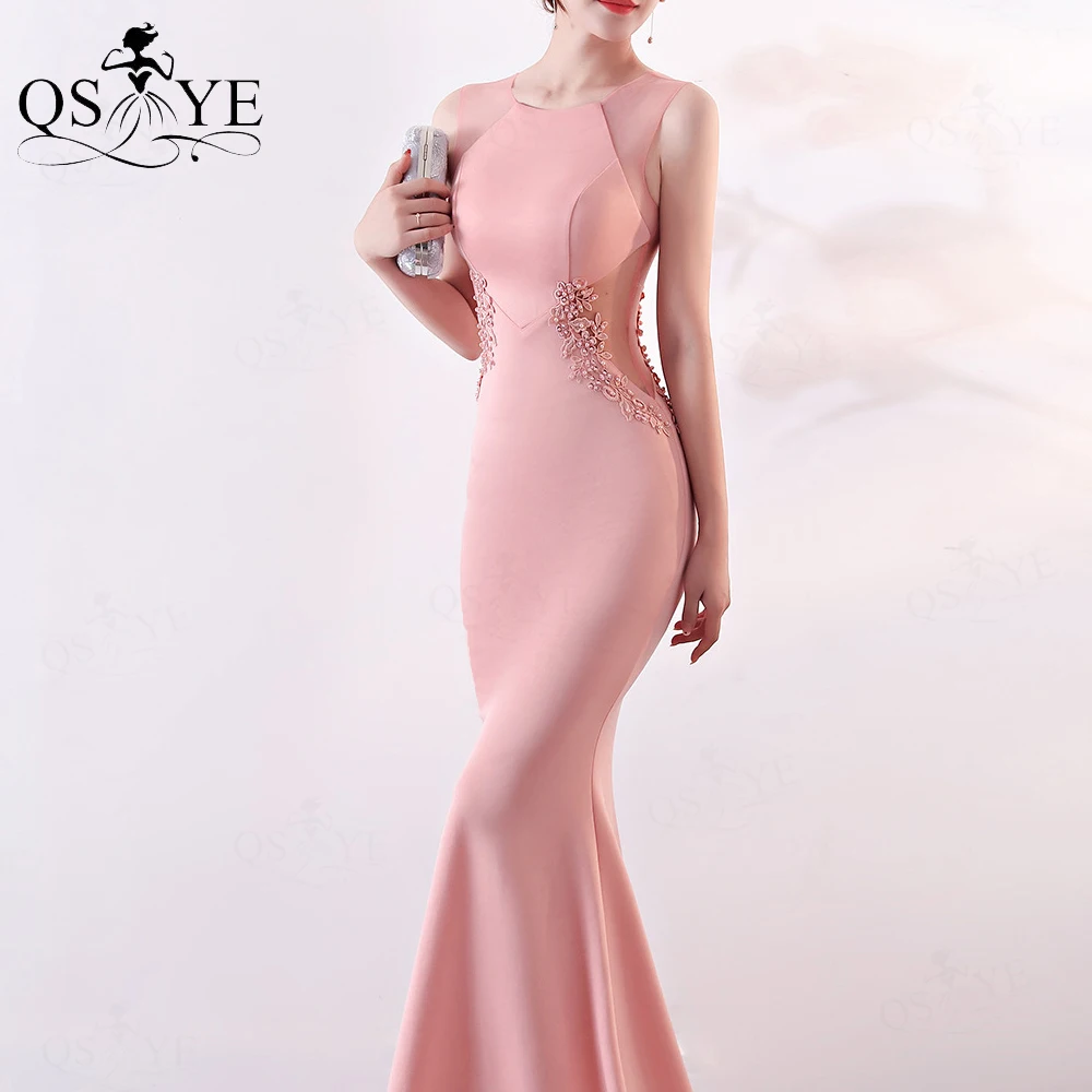 Pink Bridesmaid Dresses Illusion Waist Beaded new Appliques Lace Evening 2025 Prom Gown Sleevelesss Long Fit Satin Formal Party Gown