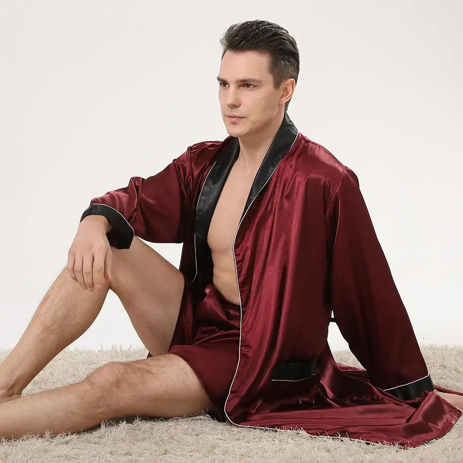 Men Satin Kimono Robe Short Pants Sleep Set Male V-Neck Nightwear Sleepwear Home Dressing Gown Loungewear Pajamas Bathrobe