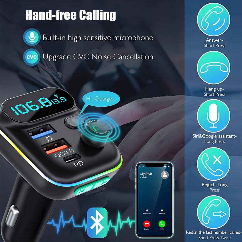 Car Bluetooth 5.0 FM Transmitter QC3.0 PD Type C Dual USB 2025 Car Charger new Ambient Light Handsfree Mp3 Player Support TF Card